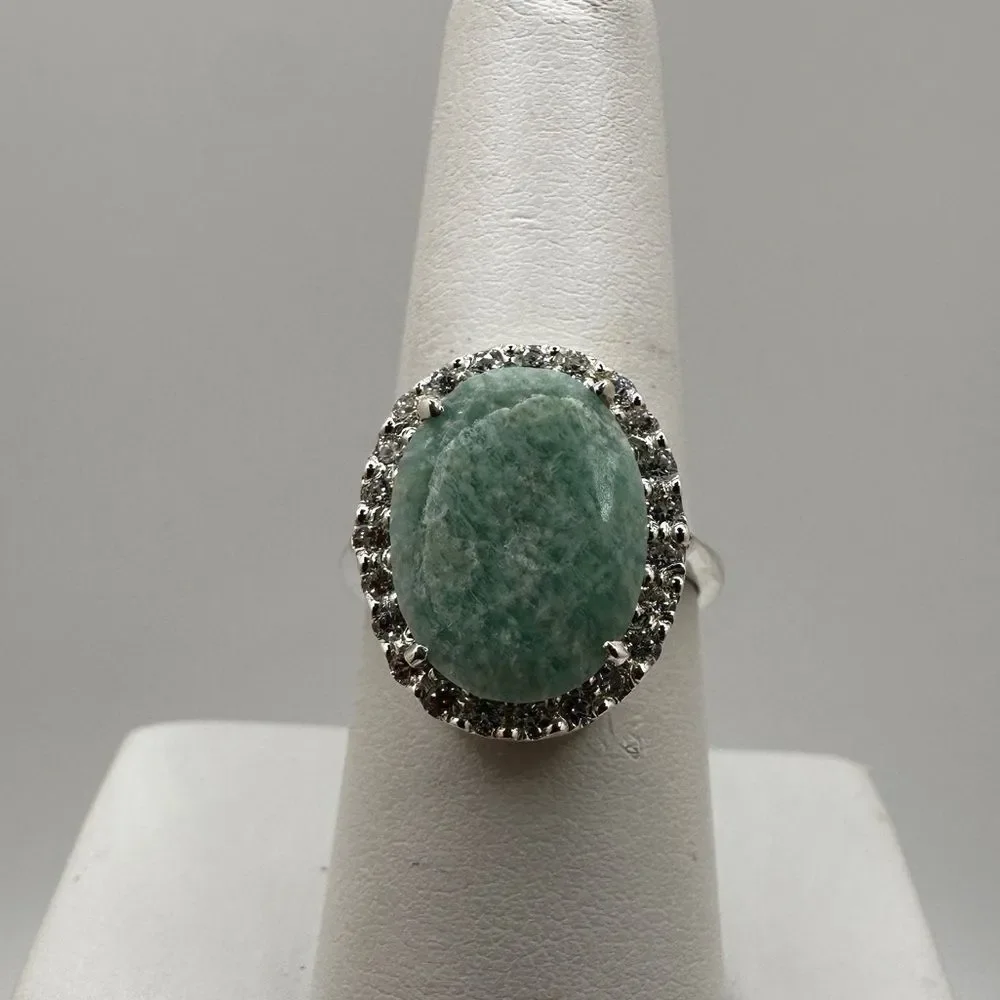 NWOT 15x11mm Oval cut Amazonite w/ halo of cz‎ diamonds in sterling silver!